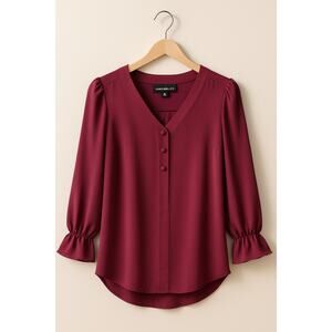 Fortune + Ivy Burgundy V-Neck Button Front Blouse , XS 3/4 Sleeve Ruffle Cuff